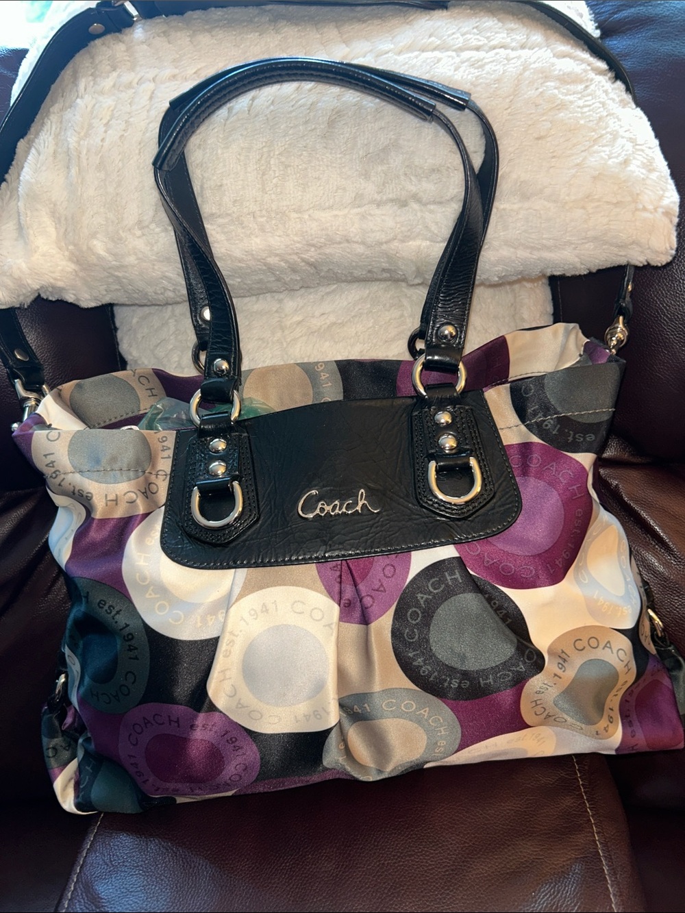 Coach Multicolor Circle Print Shoulder Bag with Black Trim